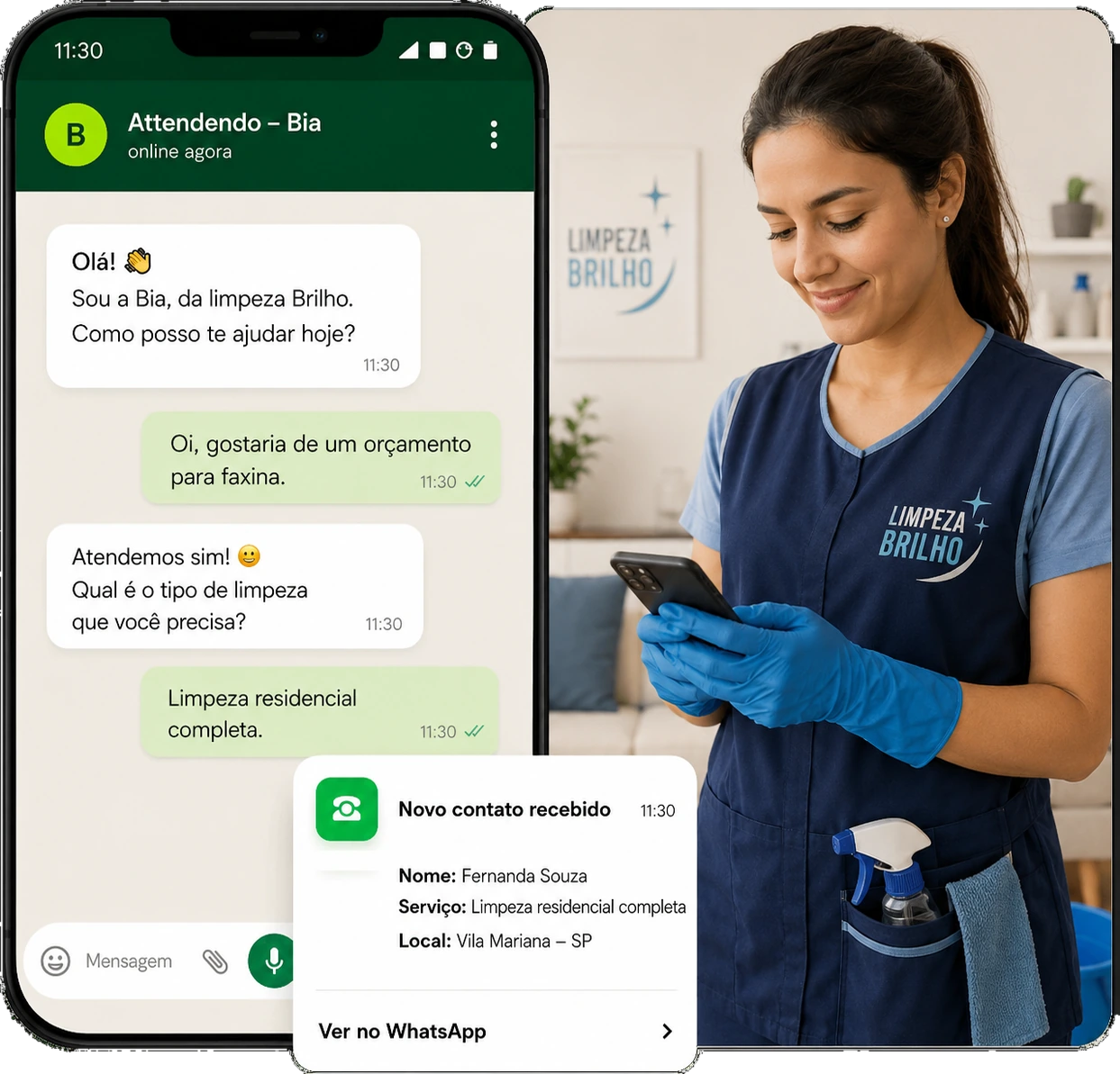 Exemplo do Attendendo para uma empresa de limpeza, com conversa no WhatsApp e novo contato organizado