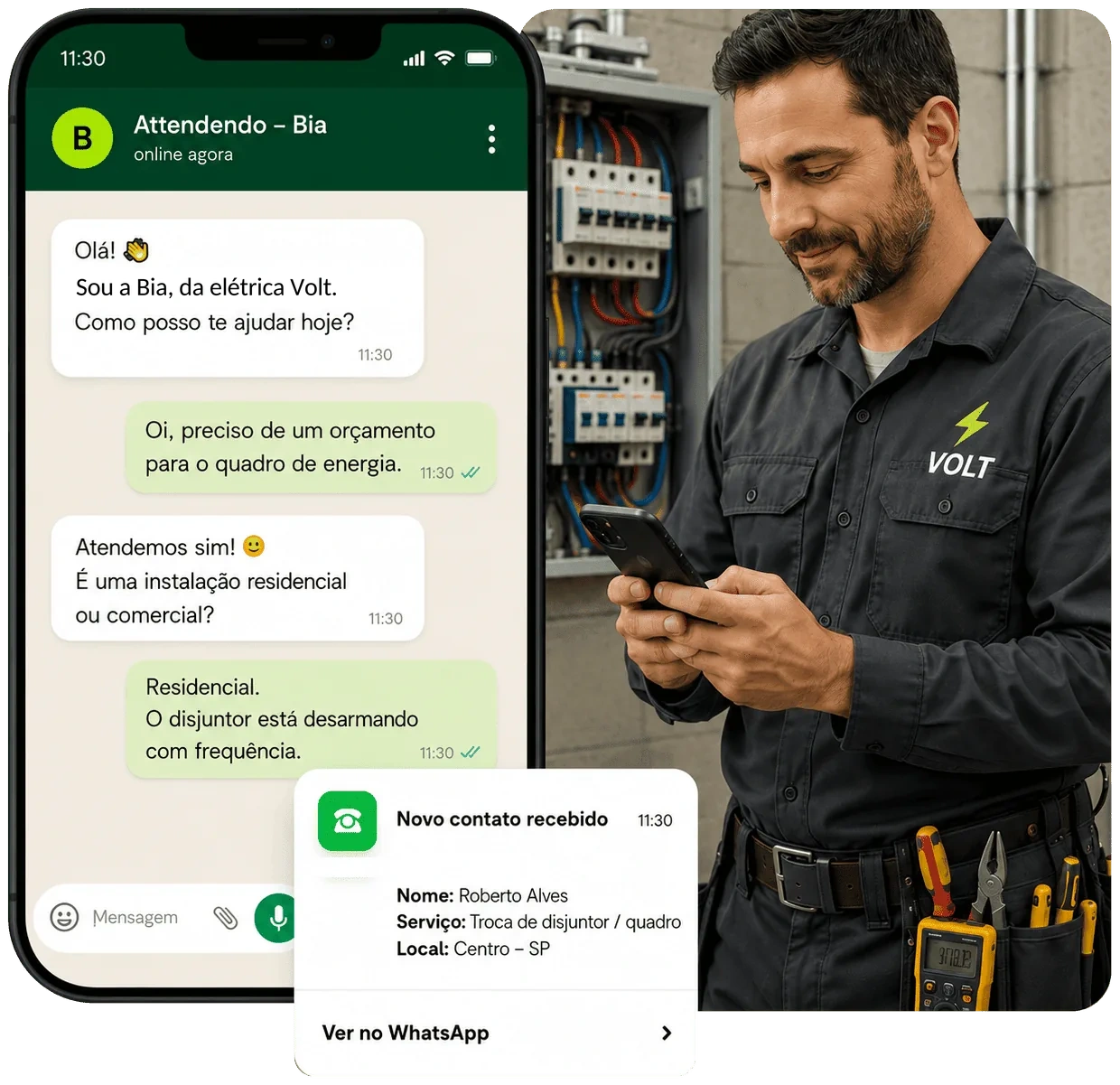 Exemplo do Attendendo para um eletricista, com conversa sobre quadro de força e novo contato organizado