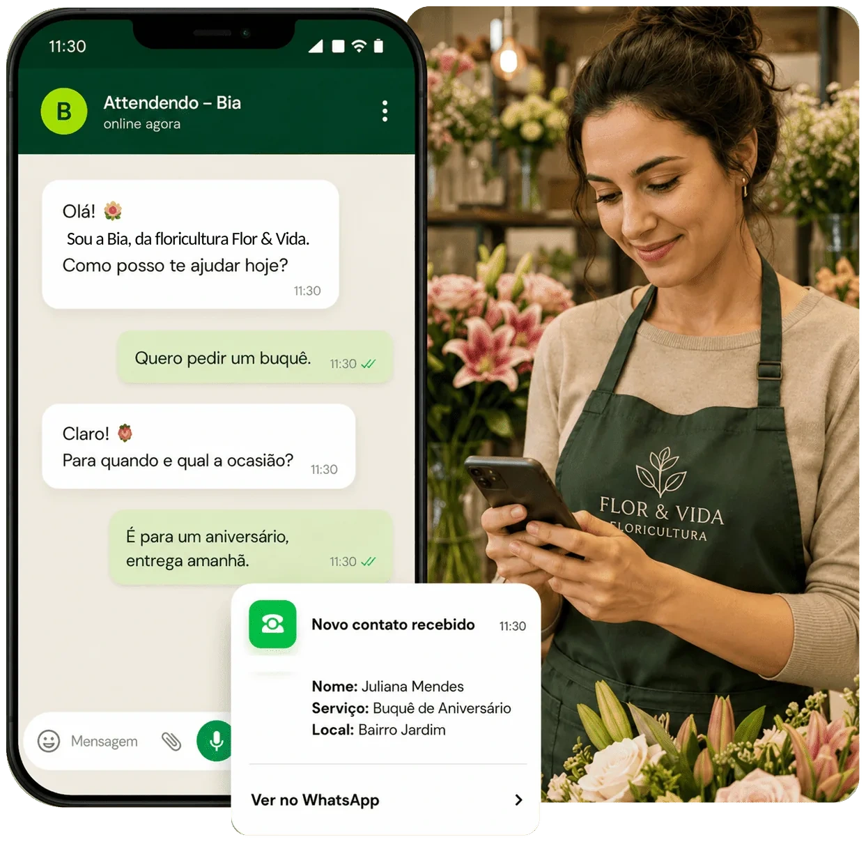 Exemplo do Attendendo para uma floricultura, com conversa sobre encomenda de buquê e novo contato organizado