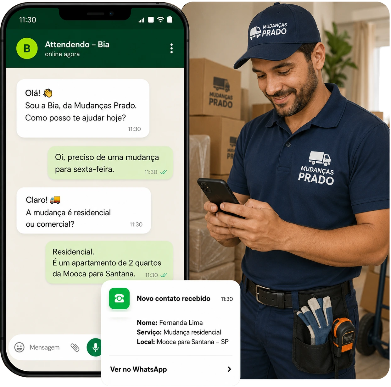 Exemplo do Attendendo em uma empresa de mudanças, com conversa no WhatsApp e contato organizado