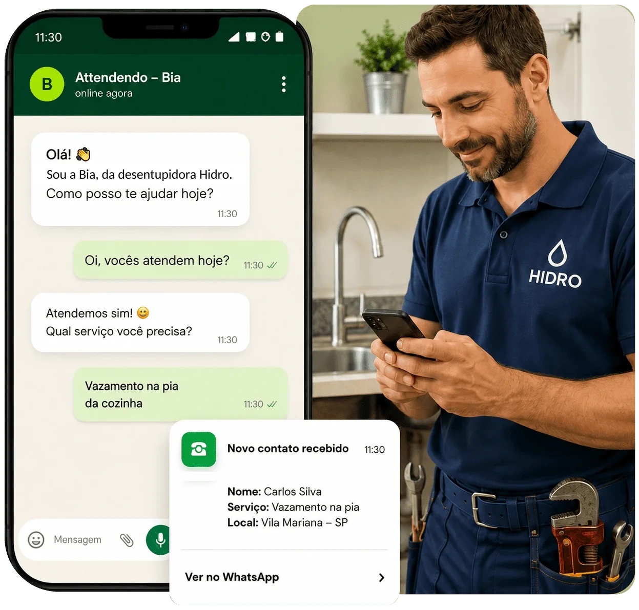Exemplo do Attendendo para uma empresa de encanamento, com conversa no WhatsApp e novo contato organizado